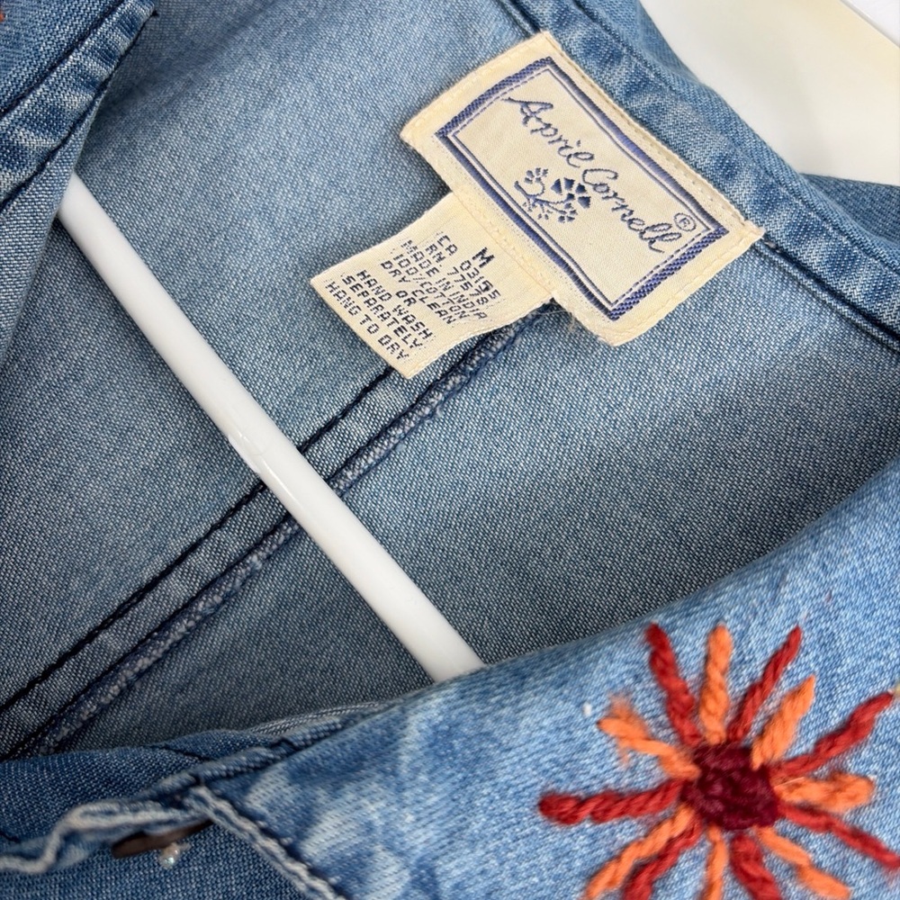 April Cornell Denim Jacket Top Floral Stitching Sz M - Picture 2 of 6